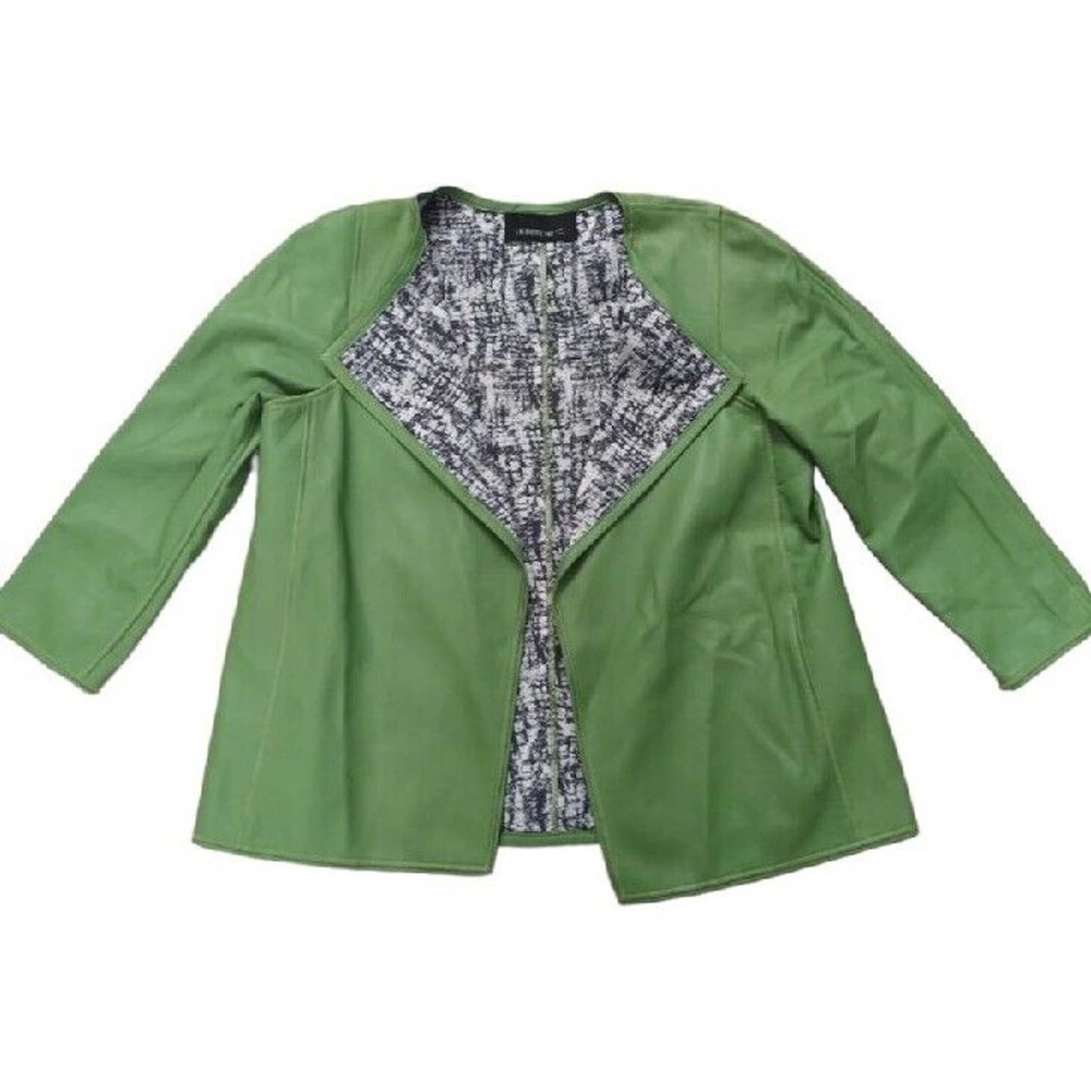 LAFAYETTE 148 Spring Olive Green 100% Leather Open Front 3/4 Sleeve Jacket Small